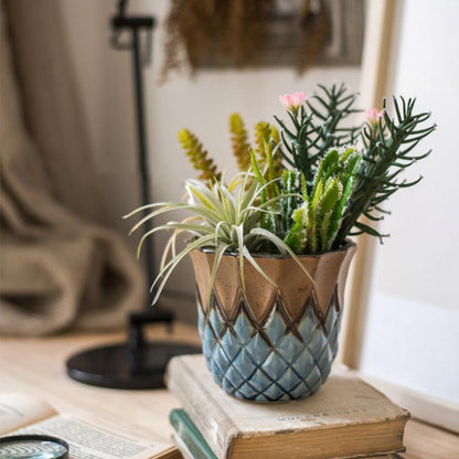 Ceramic vase by RusticReach, blue glaze with brown diamond grid, succulents on books on Tampa Home & Garden Store