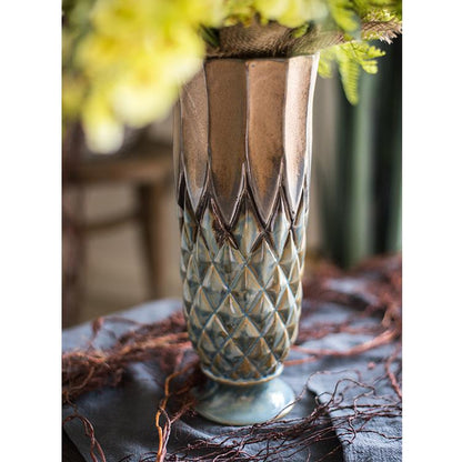 Blue Gold Grid Pattern Glazed Ceramic Vase by RusticReach with diamond lattice texture on Tampa Home & Garden Store