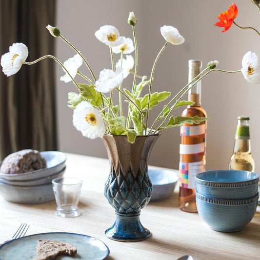 RusticReach Blue Gold Grid Pattern Glazed Ceramic Vase on Tampa Home & Garden Store
