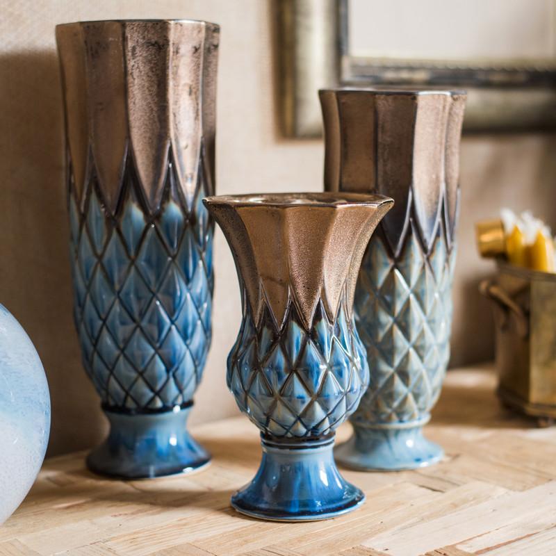 Blue Gold Grid Pattern Glazed Ceramic Vase Collection by RusticReach, 4 blue-diamond vases on Tampa Home & Garden Store