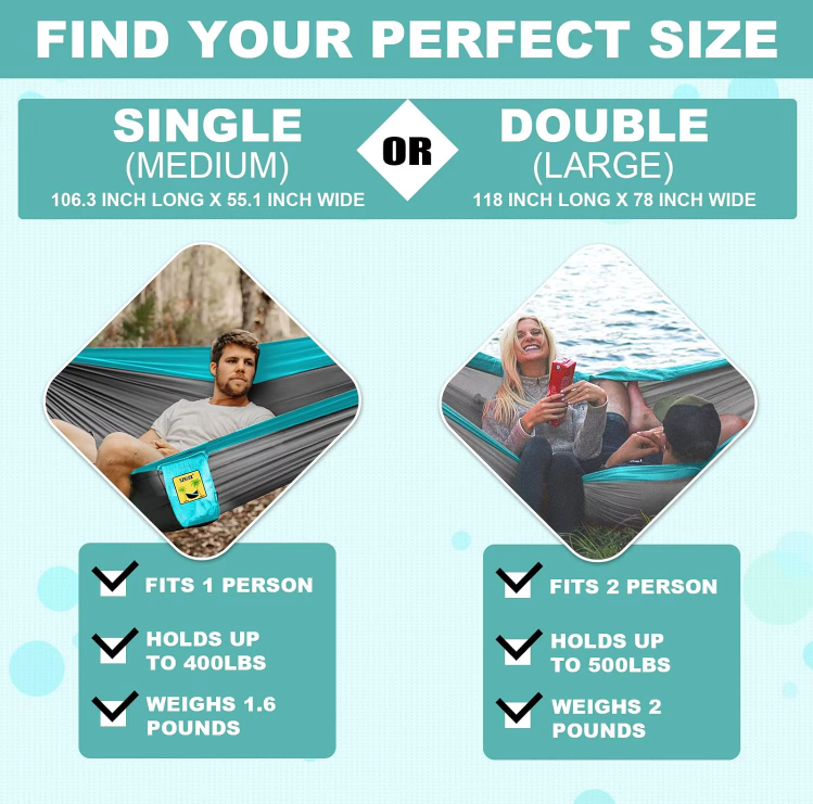 River Country Gear Hammock single and double camping hammock in teal, fits 1 or 2 people on Tampa Home & Garden Store