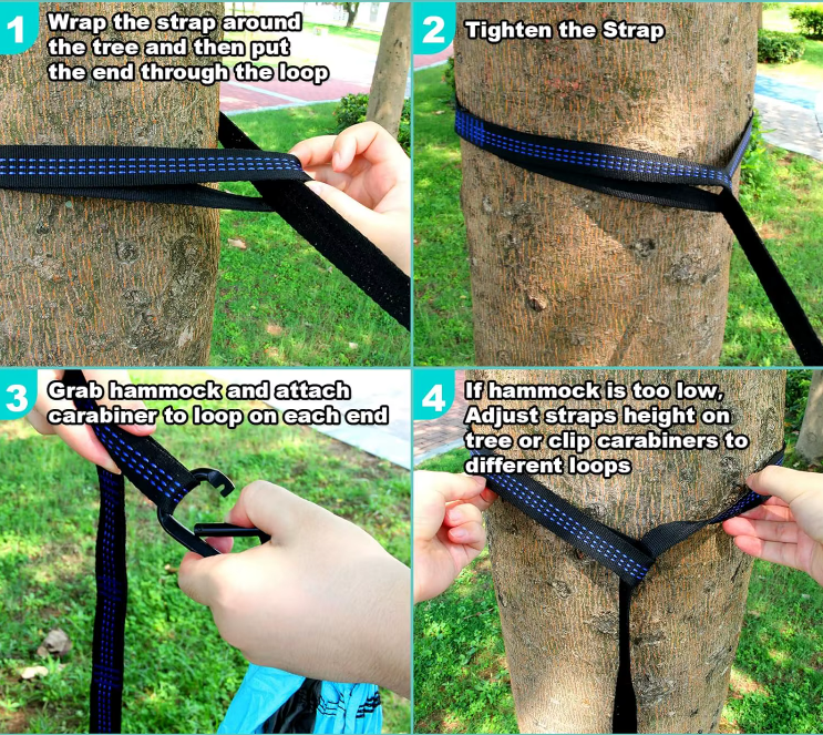 Hammock straps and carabiner by River Country Gear shown in 4-step tree-hanging setup on Tampa Home & Garden Store