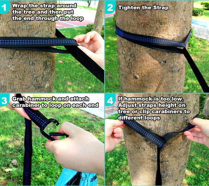 Hammock straps and carabiner by River Country Gear shown in 4-step tree-hanging setup on Tampa Home & Garden Store