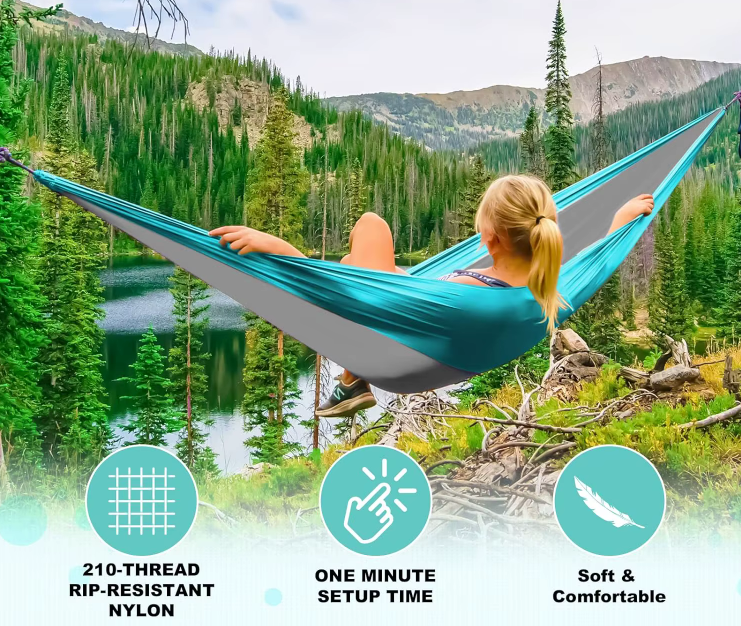 Hammock by River Country Gear in turquoise rip-resistant nylon, one-minute setup time on Tampa Home & Garden Store
