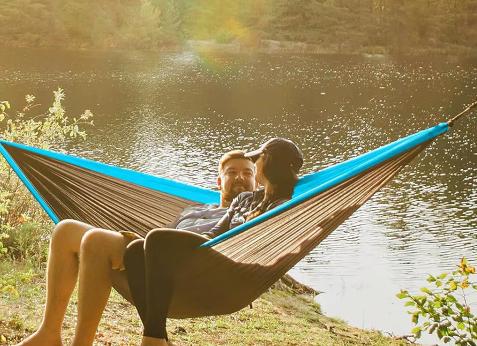 Hammock River Country Gear camping hammock blue and brown striped fabric on Tampa Home & Garden Store