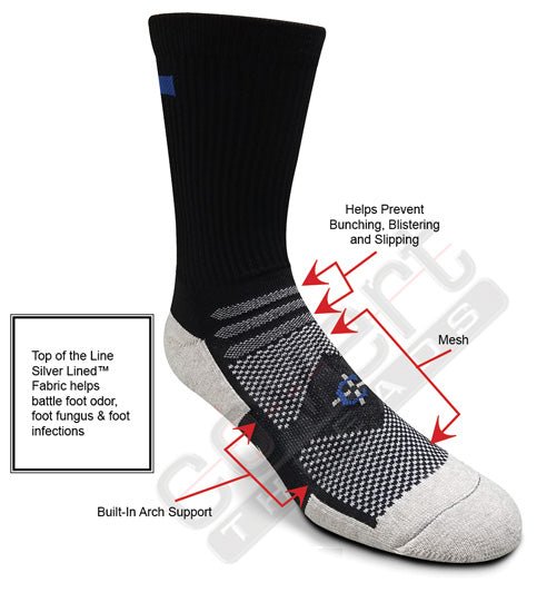 Blue Line Crew Sock First Responder Sock by Covert Threads, black/gray with mesh and arch support on Tampa Home & Garden Store