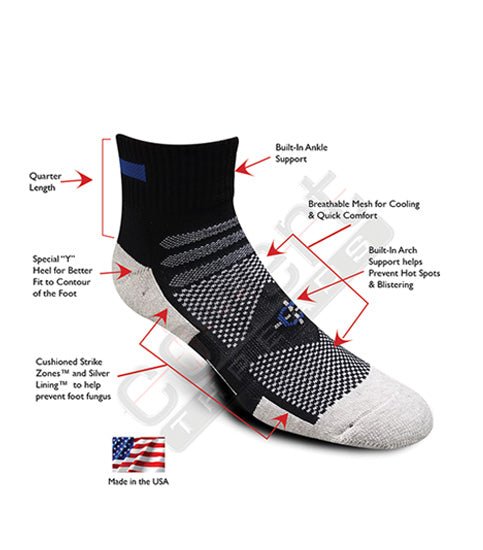 Blue Line Quarter Sock by Covert Threads, first responder athletic sock with arch support on Tampa Home & Garden Store