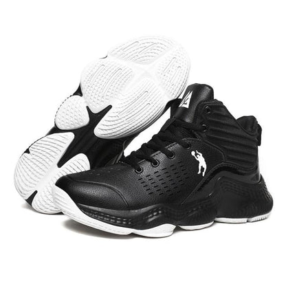 Stevvex black high-top basketball sneakers pair with white outsole on Tampa Home & Garden Store