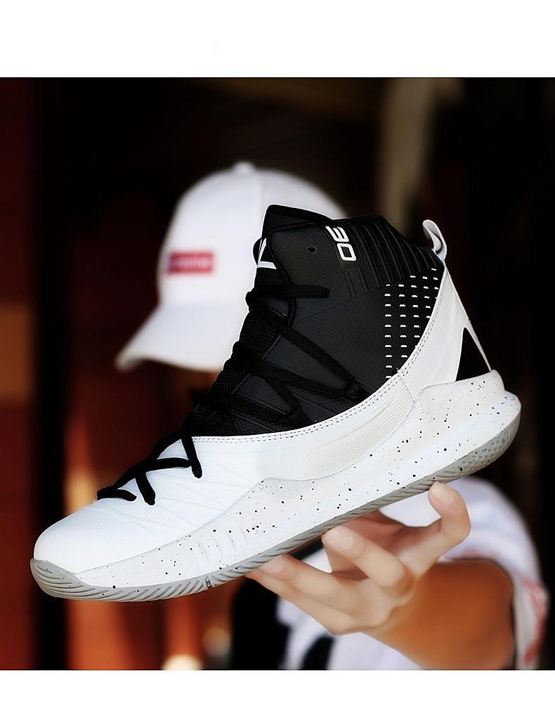 Stevvex men's high-top basketball shoes in white with black ankle collar, speckled gray sole on Tampa Home & Garden Store