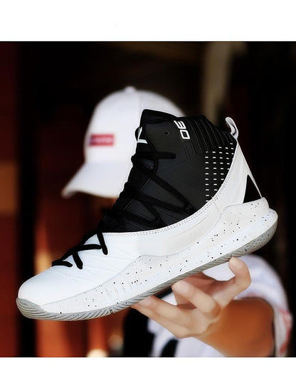Stevvex men's high-top basketball shoes in white with black ankle collar, speckled gray sole on Tampa Home & Garden Store