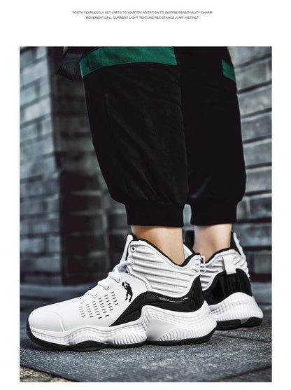 Basketball sneakers Stevvex white high-top with black accents and breathable perforations on Tampa Home & Garden Store