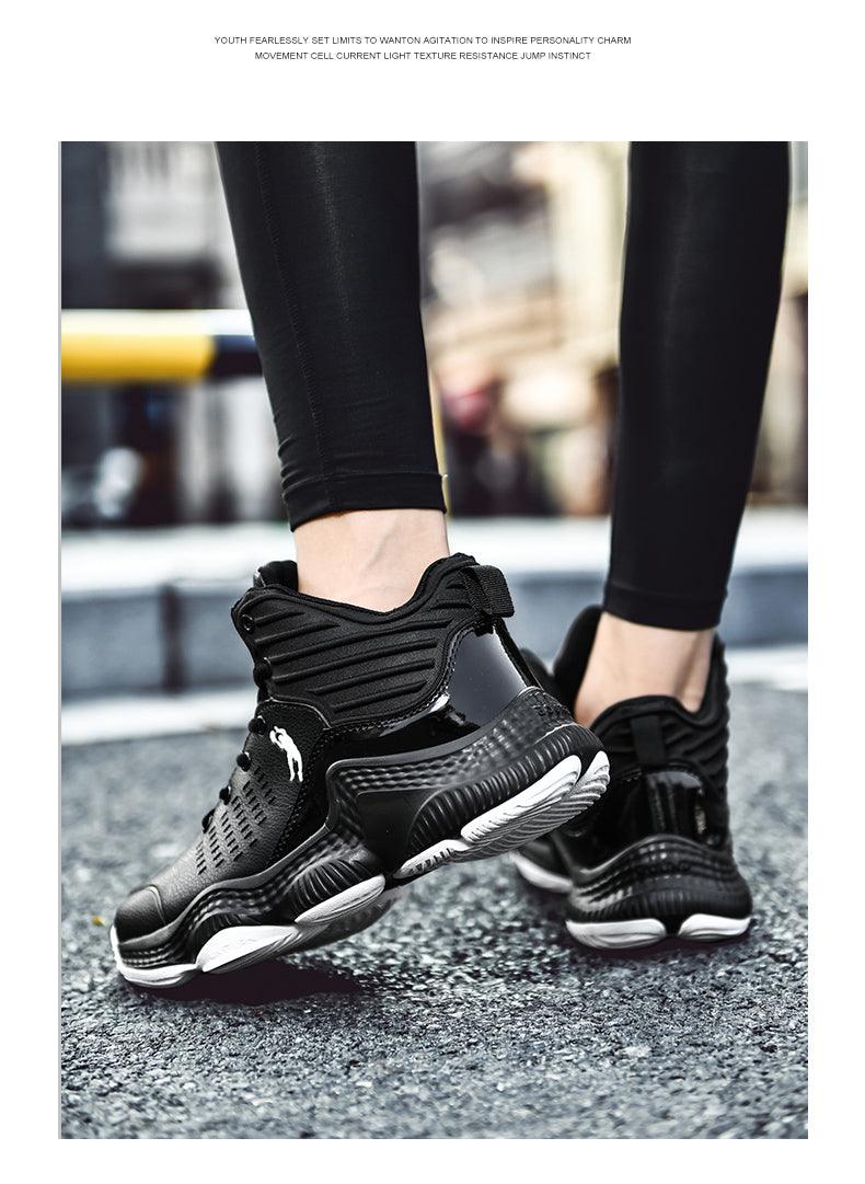 Stevvex black high-top basketball sneakers with white outsole and side logo on asphalt on Tampa Home & Garden Store