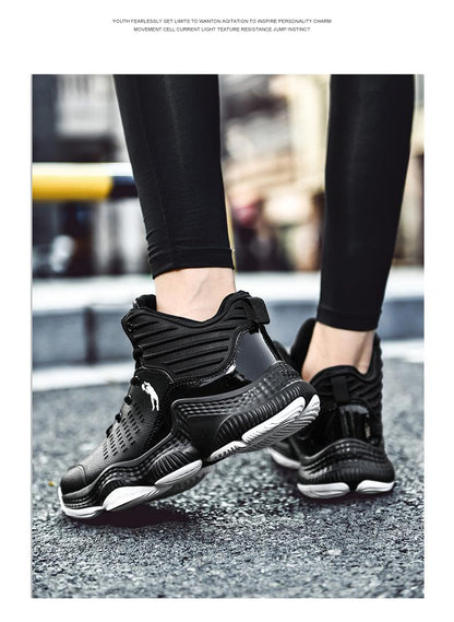 Stevvex black high-top basketball sneakers with white outsole and side logo on asphalt on Tampa Home & Garden Store