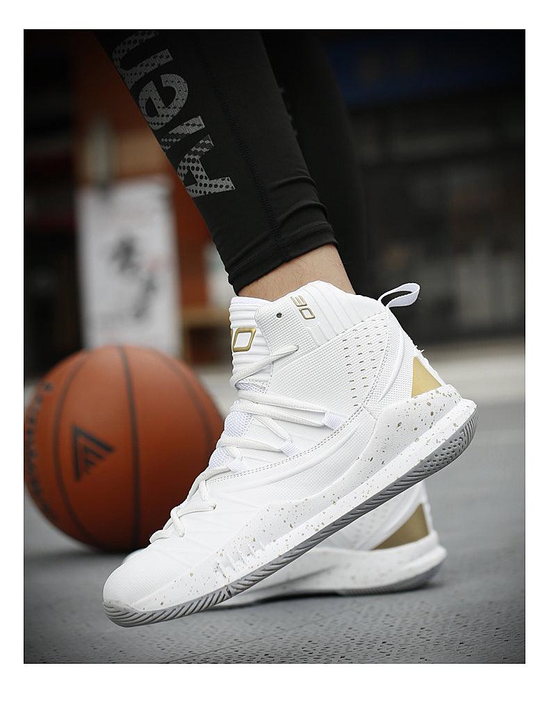 Stevvex white high-top basketball sneakers with knit upper, gold accents and speckled sole on Tampa Home & Garden Store