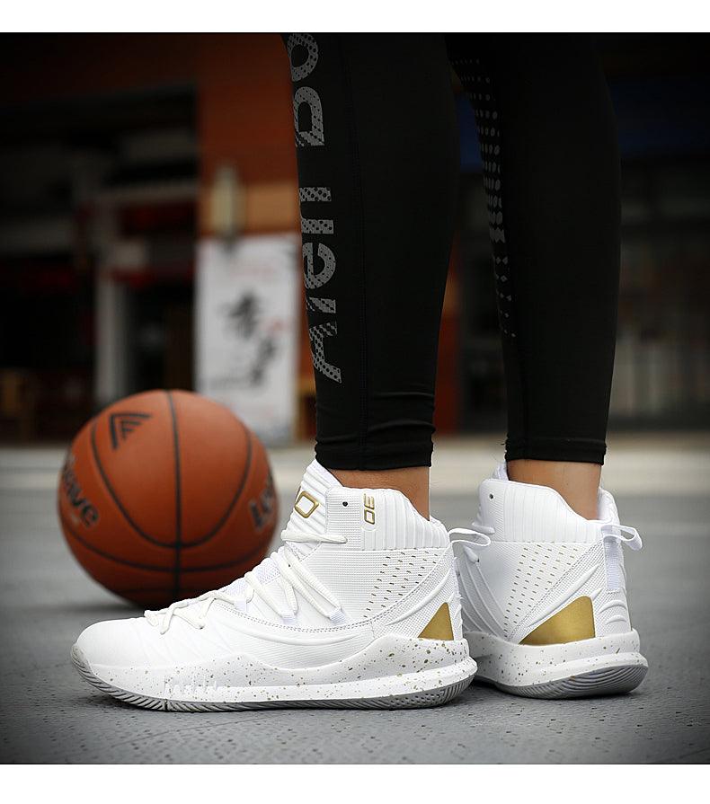 Basketball shoes Stevvex white high-top with gold heel accent and mesh panels on Tampa Home & Garden Store