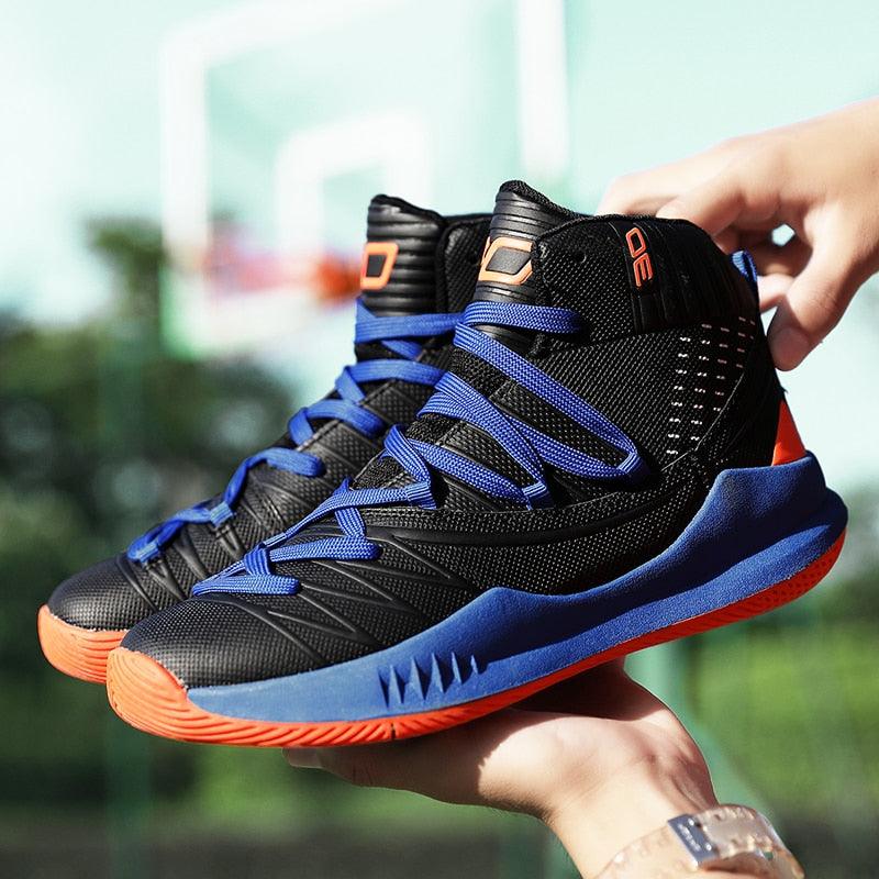 Blue Stevvex basketball high-top sneakers for boys with blue laces and orange outsole on Tampa Home & Garden Store