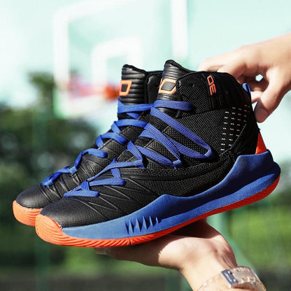 Blue Stevvex basketball high-top sneakers for boys with blue laces and orange outsole on Tampa Home & Garden Store