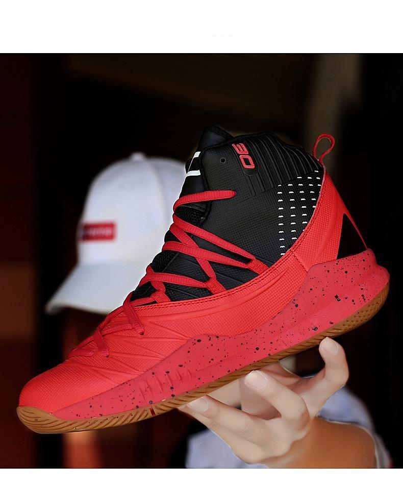 Stevvex basketball shoes high top red and black with speckled red midsole and gum outsole on Tampa Home & Garden Store