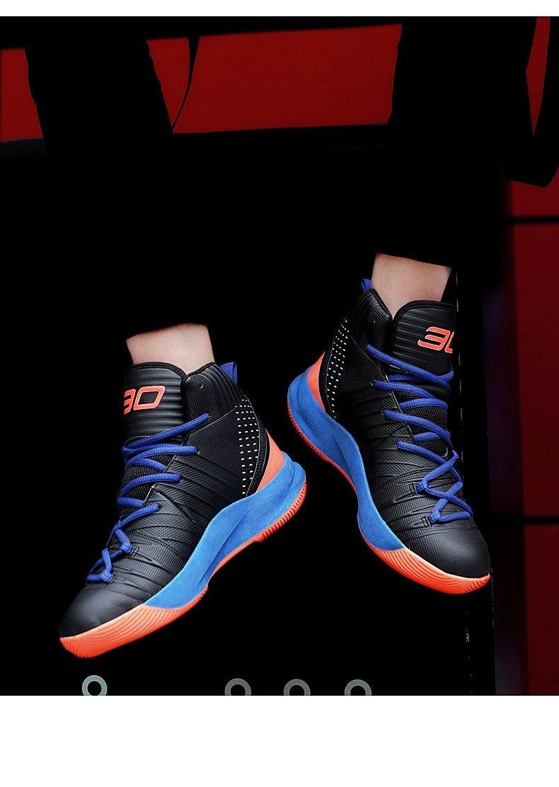 Stevvex blue and black high-top basketball sneakers with orange outsole, anti-slip pair on Tampa Home & Garden Store