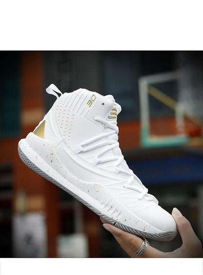 Stevvex white high-top basketball sneakers with gold accents, knit upper and speckled outsole on Tampa Home & Garden Store