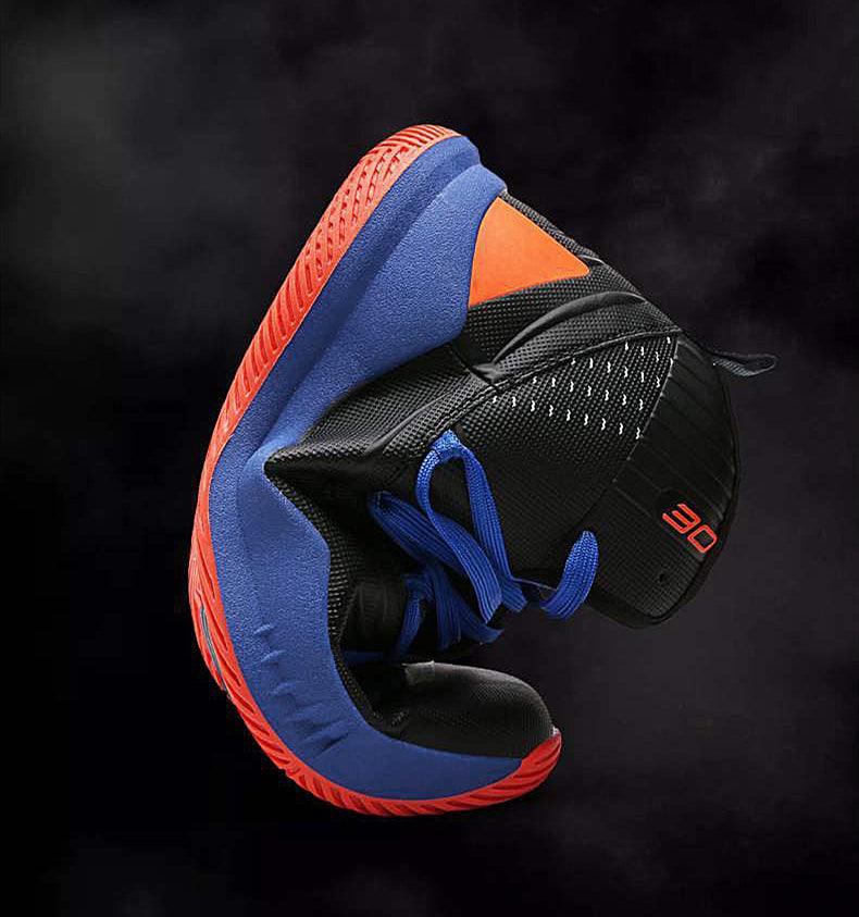 Stevvex blue and black high-top basketball shoes with blue laces and orange outsole on Tampa Home & Garden Store