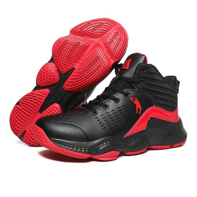 Basketball sneakers Stevvex black high-top with red accents and rugged red outsole on Tampa Home & Garden Store