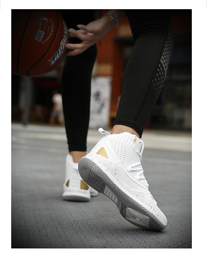 Stevvex white high-top basketball sneakers with gold accents and textured upper on court on Tampa Home & Garden Store