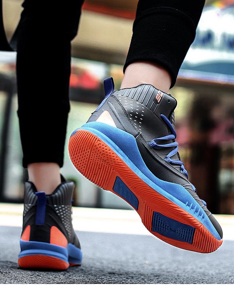 Stevvex blue gray high-top basketball sneakers with orange outsole anti-slip grip on Tampa Home & Garden Store