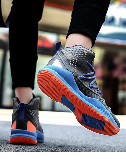 Stevvex blue gray high-top basketball sneakers with orange outsole anti-slip grip on Tampa Home & Garden Store
