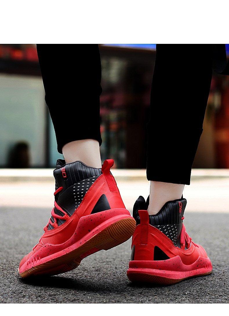 Stevvex red black high-top basketball shoes with breathable ankle collar and rugged sole on Tampa Home & Garden Store