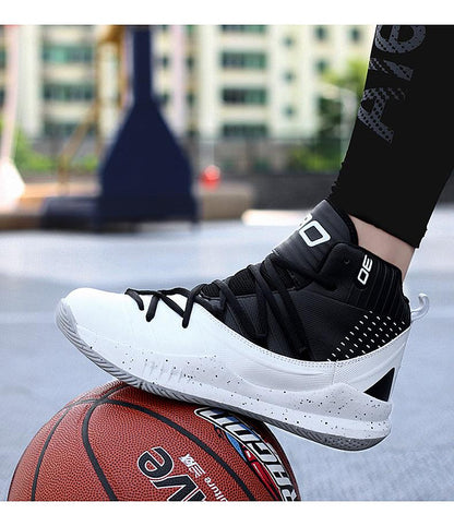 Stevvex black and white high-top basketball sneakers with speckled midsole on a basketball on Tampa Home & Garden Store