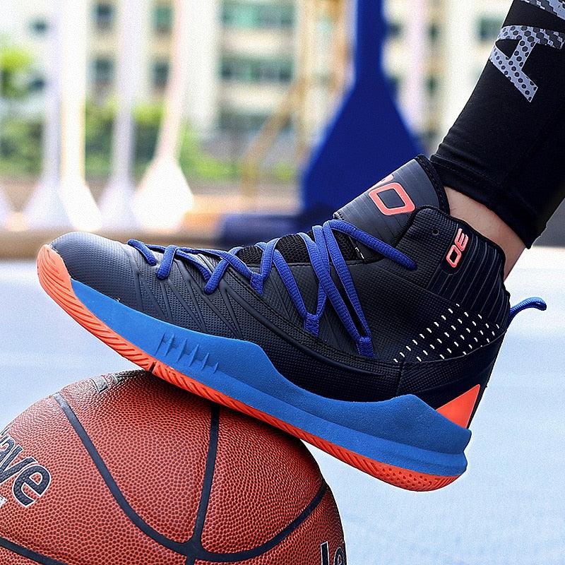 Stevvex blue black high-top basketball sneakers with blue laces orange sole anti-slip on Tampa Home & Garden Store