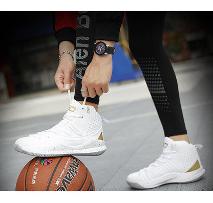 White Stevvex high-top basketball shoes with gold heel accents, anti-slip athletic sneakers on Tampa Home & Garden Store