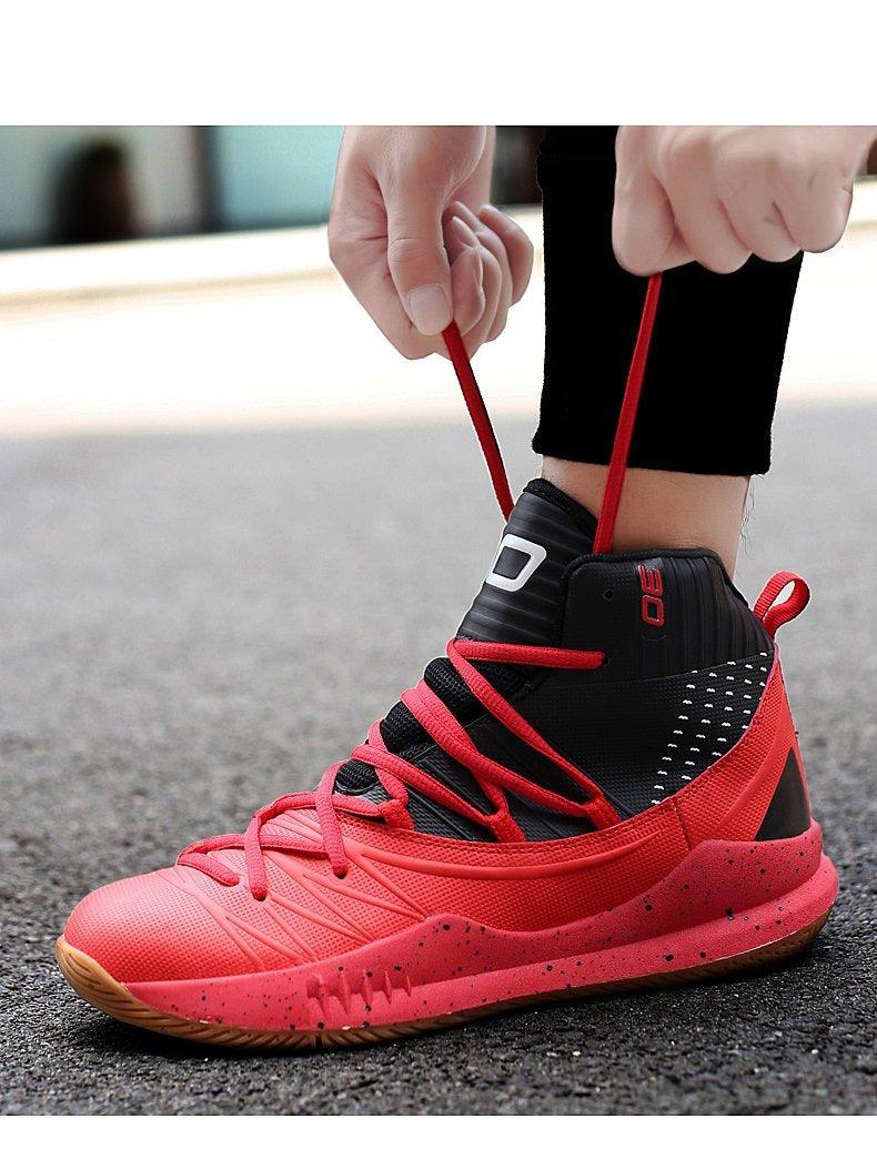 Stevvex red high-top basketball sneakers with black ankle collar and speckled midsole on Tampa Home & Garden Store