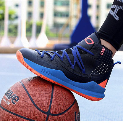 Stevvex blue basketball sneakers with black upper and orange outsole for outdoor anti-slip play on Tampa Home & Garden Store
