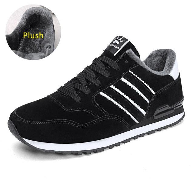 Stevvex men's casual sneakers, black suede upper with white stripes, plush lining, rubber sole on Tampa Home & Garden Store