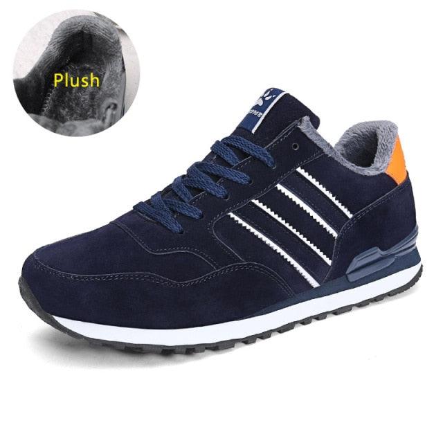 Blue Stevvex men's casual sneakers with plush lining and white stripes on Tampa Home & Garden Store