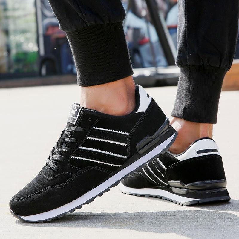 Stevvex men's casual sneakers black artificial leather with white stripes walking sneakers on Tampa Home & Garden Store
