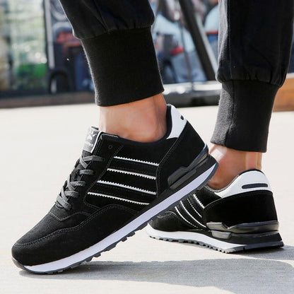 Stevvex men's casual sneakers black artificial leather with white stripes walking sneakers on Tampa Home & Garden Store