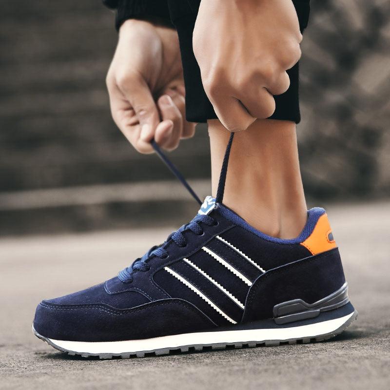Sneakers Stevvex blue men's casual with white stripes, suede upper and orange heel tab on Tampa Home & Garden Store