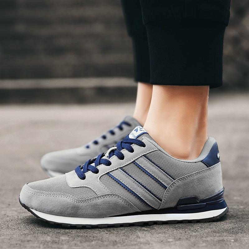 Stevvex blue grey sneakers for men with navy laces, mesh panels and suede overlays on Tampa Home & Garden Store