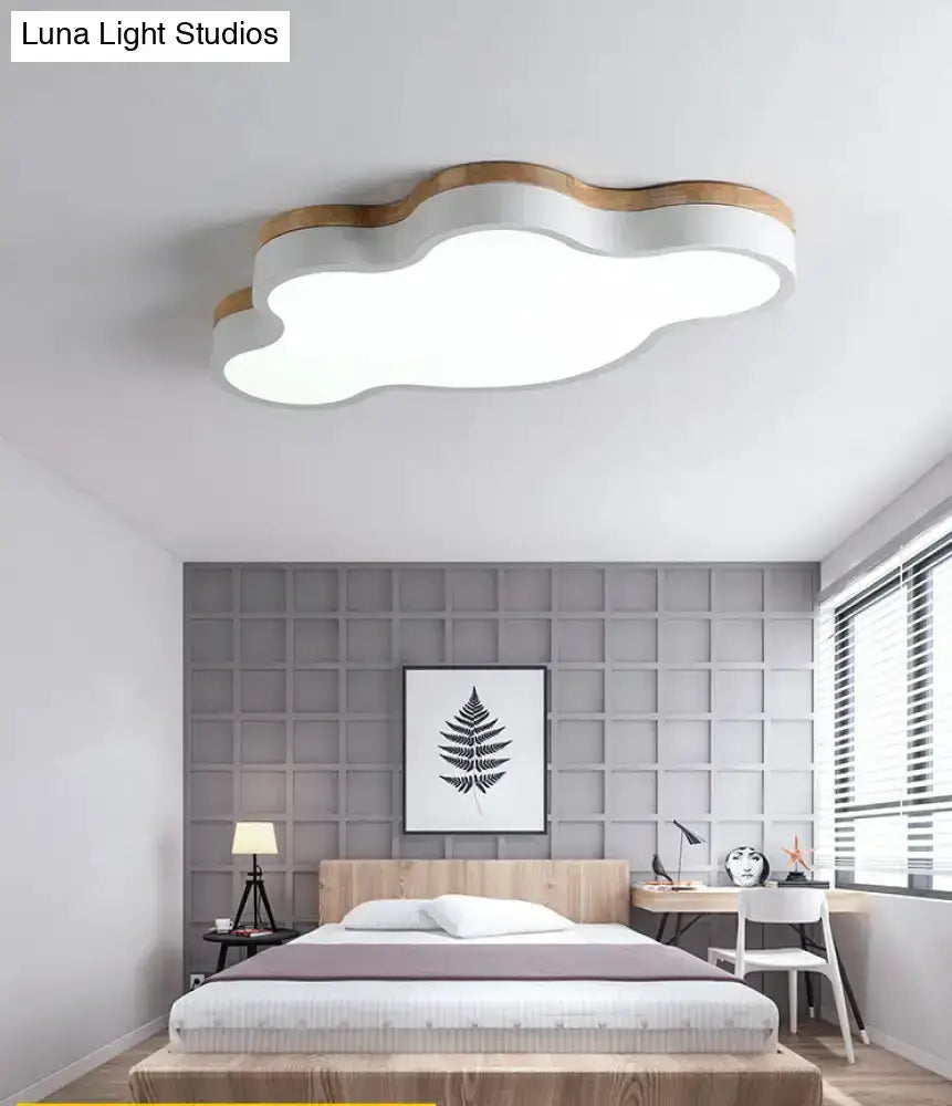 Blue Natural Wood Cloud Flush Mount Lamp for Kids