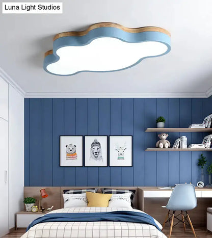 Blue Natural Wood Cloud Flush Mount Lamp for Kids