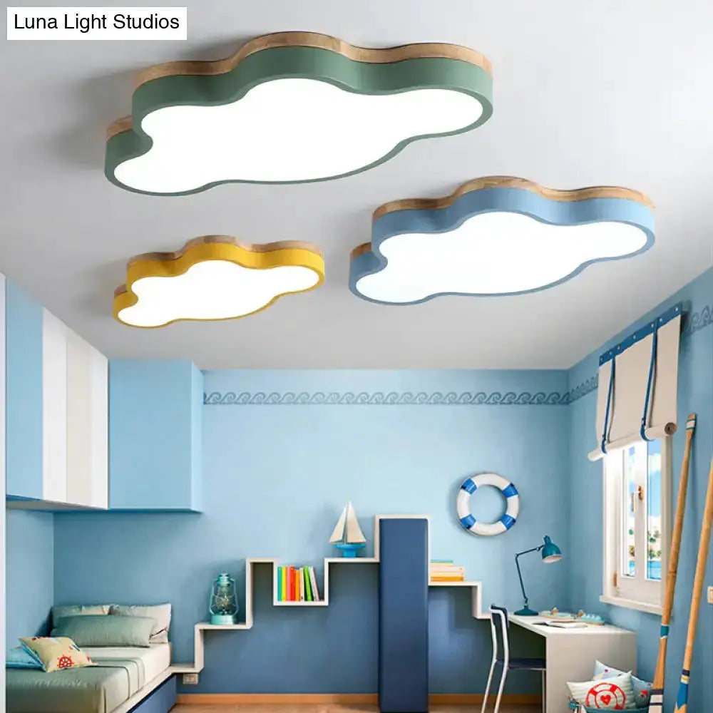 Blue Natural Wood Cloud Flush Mount Lamp for Kids