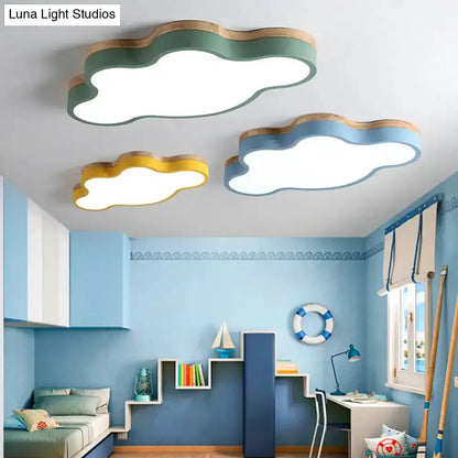 Blue Natural Wood Cloud Flush Mount Lamp for Kids