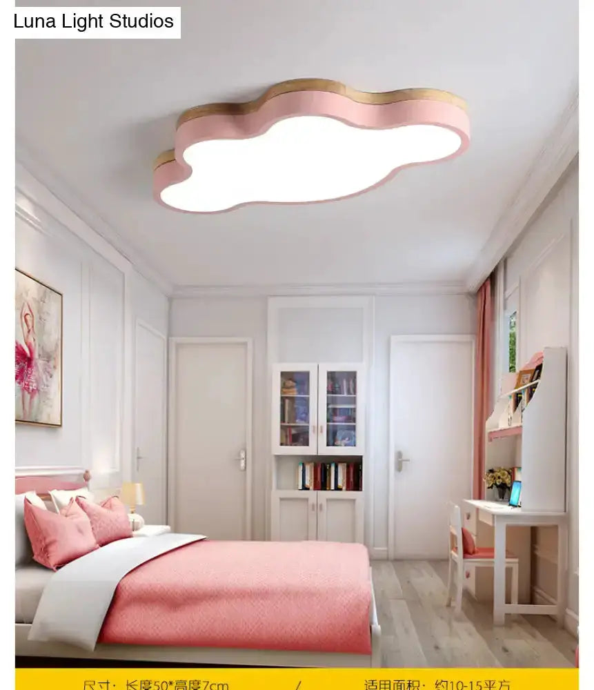 Blue Natural Wood Cloud Flush Mount Lamp for Kids