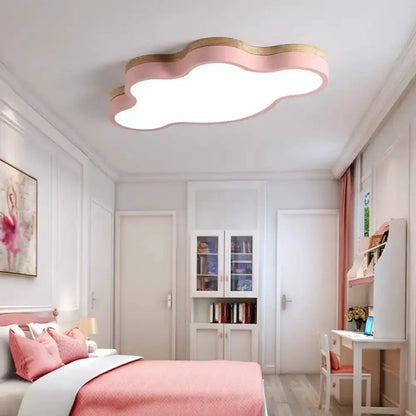 Blue Natural Wood Cloud Flush Mount Lamp for Kids