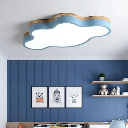 Blue Natural Wood Cloud Flush Mount Lamp for Kids