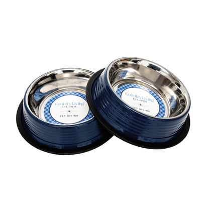 Ensemble de 2 gamelles antidérapantes à rainures pour animaux de compagnie Country Living – Bleu Poséidon