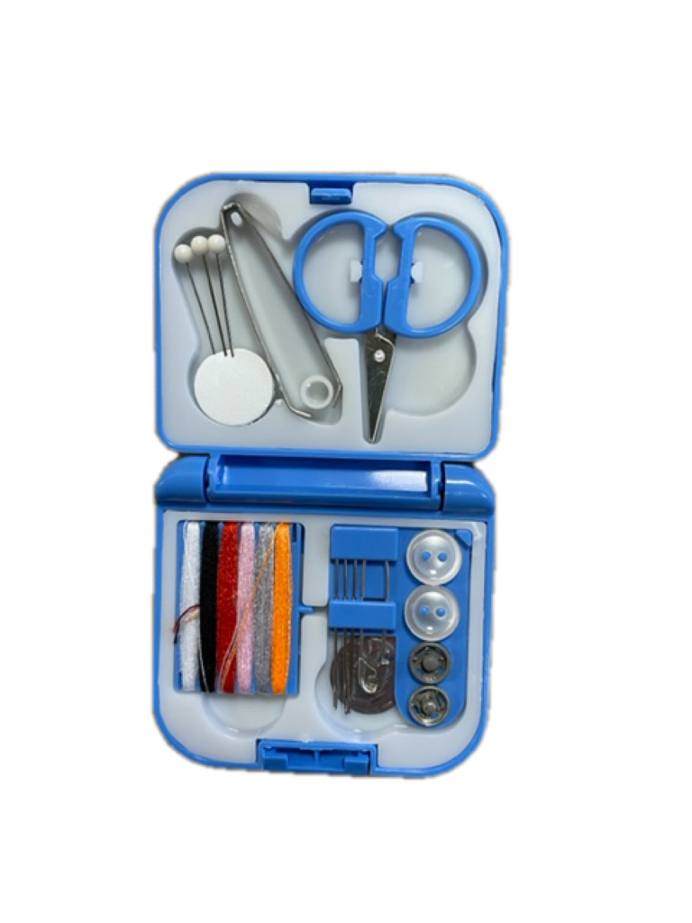 Sewing Kit River Country Gear blue case with scissors, needles, buttons, and thread spools on Tampa Home & Garden Store